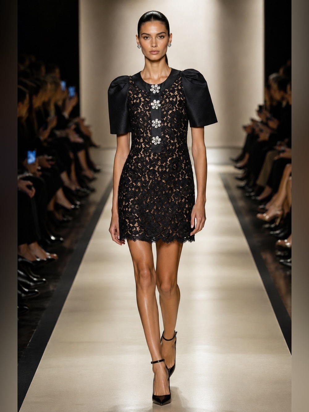 Michael Kors Collection Black Lace Cocktail Dress with Puff Sleeves